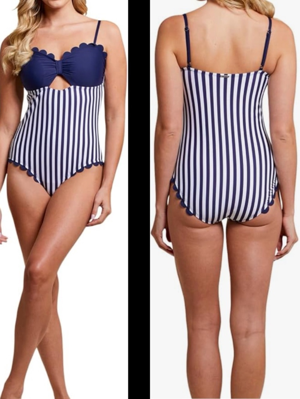 Tribal Sport One Piece Scalloped Trim Stripe Swimsuit - Size L